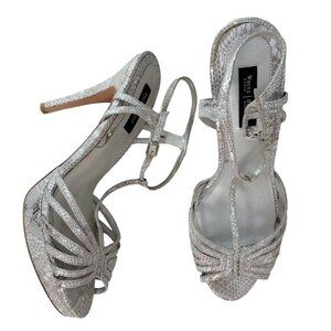 White House Black Market  Ankle Strap Heels Silver Size 9.5 Platform Elizabeth